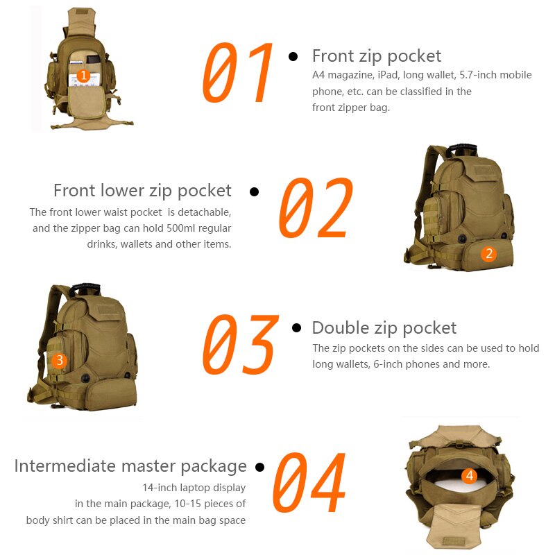 40L Tactical Backpack 2 in 1 Military Bags Army Rucksack Backpack Molle Outdoor Sport Bag Men Camping Hiking Travel Climbing Bag